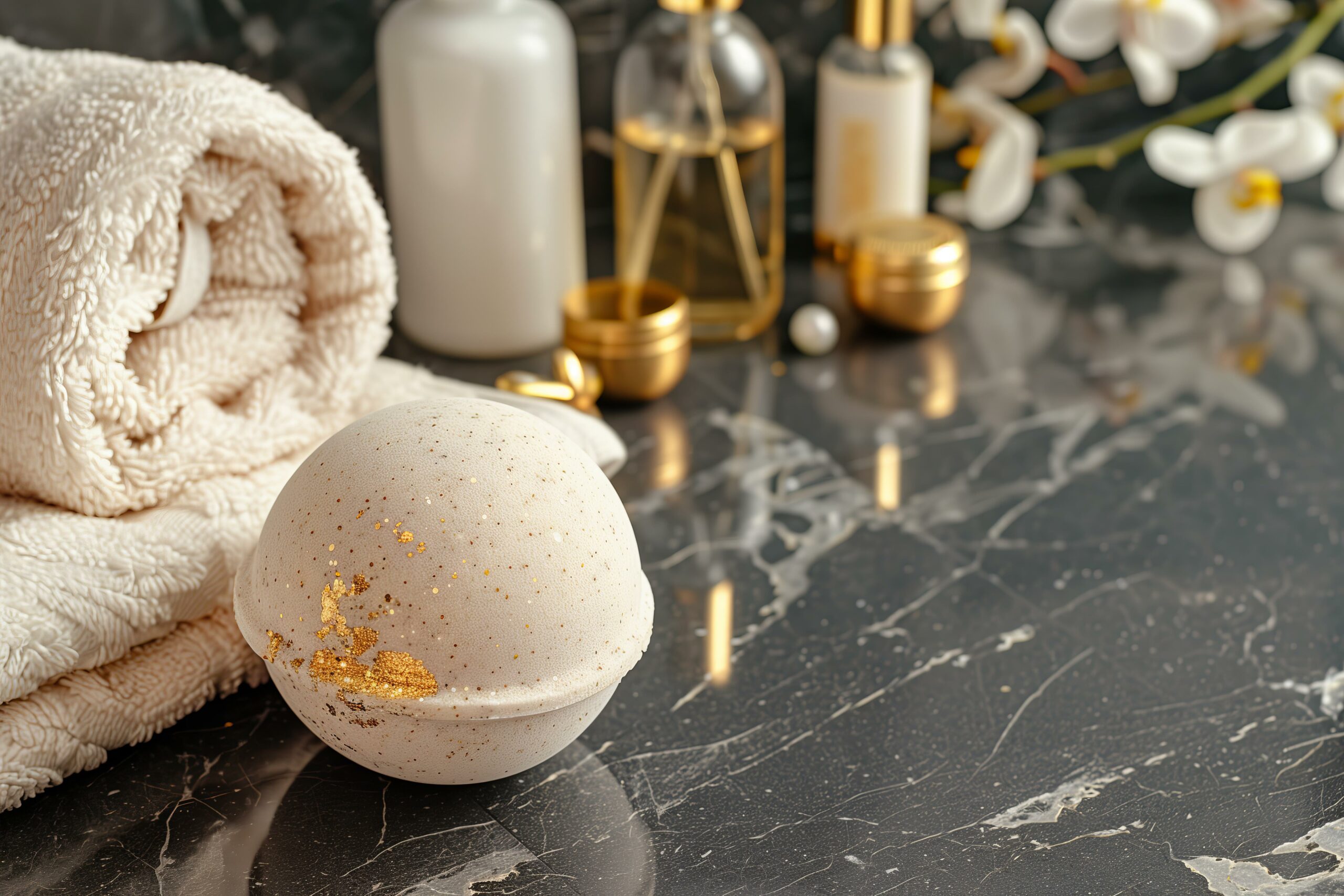 bath bomb with gold accents, surrounded by luxury bath accessories like plush towels and essential oil bottles, on a dark granite surface
