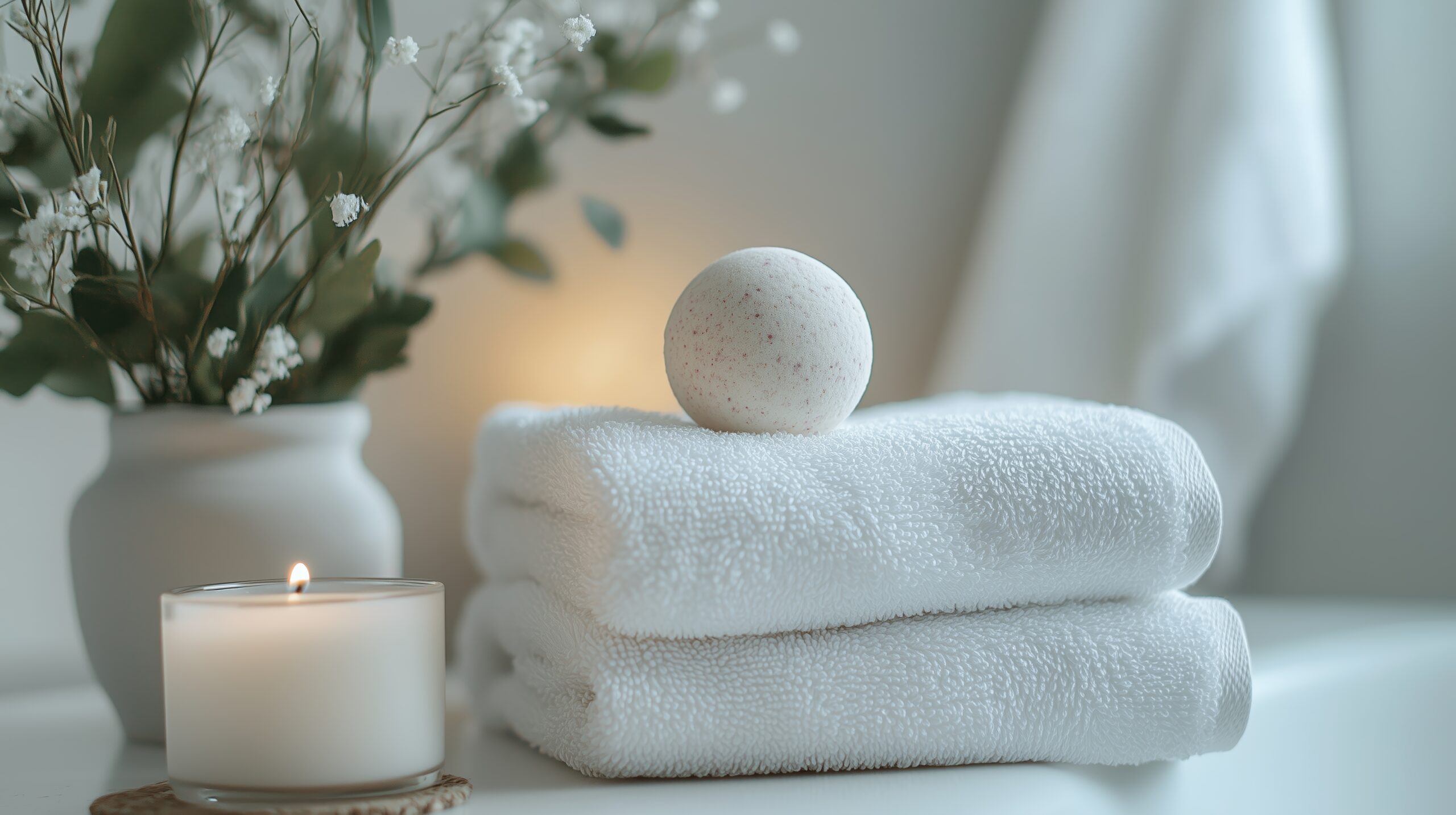 Relaxing spa setting featuring soft towels, a bath bomb, and a calming candle in a serene indoor environment